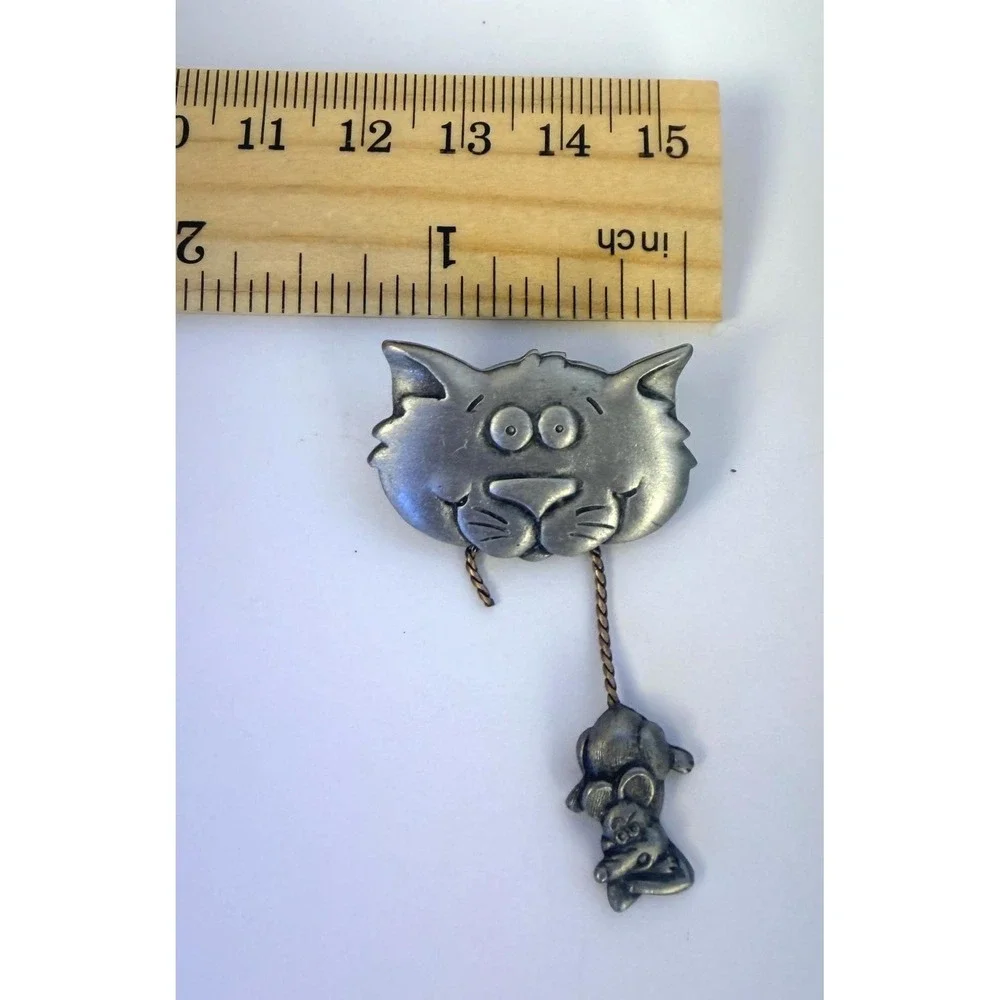 Vintage JJ Jonette Jewelry Pewter Cat and Mouse Brooch, Whimsical Feline Pin